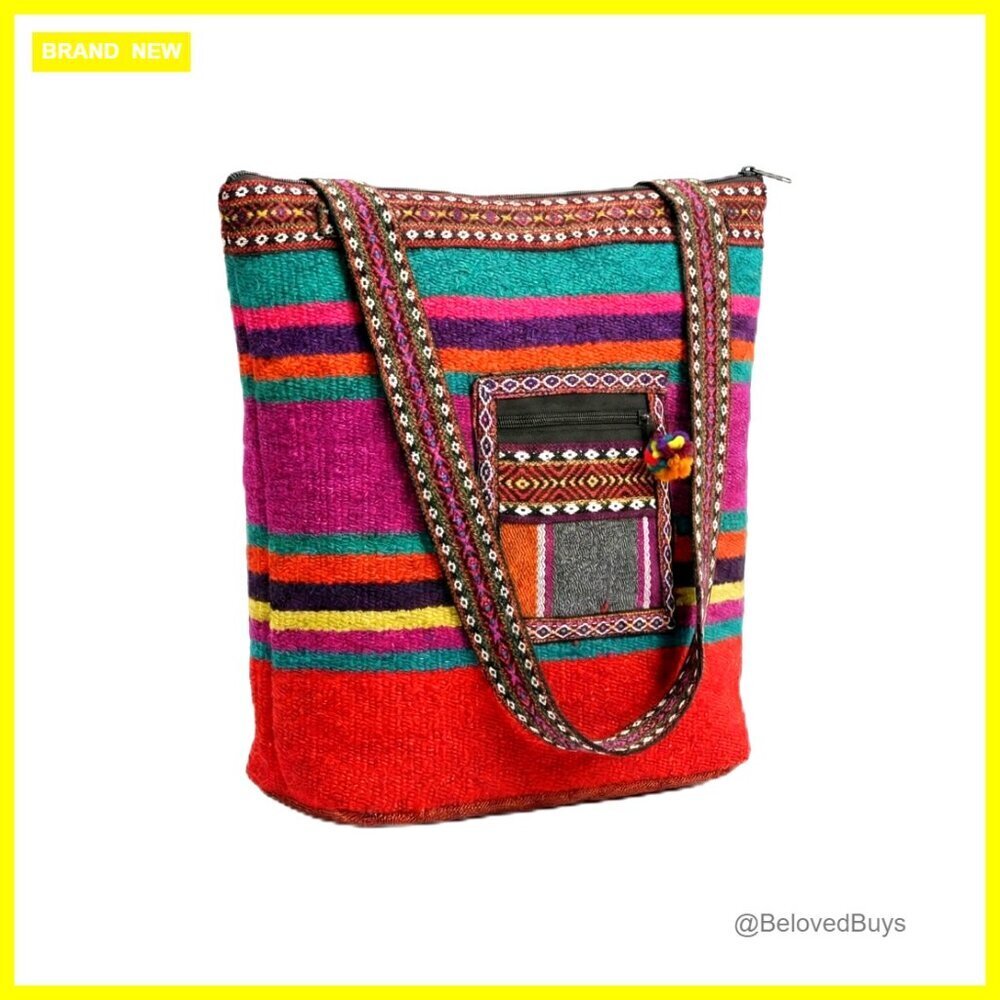 Handwoven Wool Tote Bag with Zipper Closure Shoulder Bag